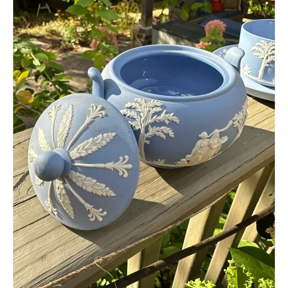 Wedgwood Jasperware tea set-teacup, saucer, sugar bowl England 1957 blue white